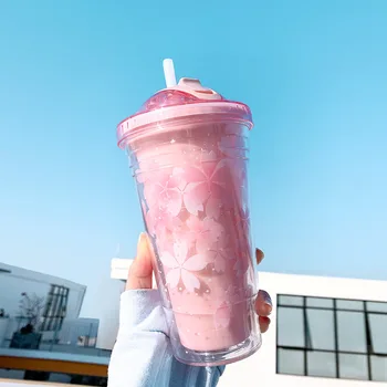 Romántico Sakura Caramañola de Paja Tipo de Doble capa Lindo Botella Libre de Bpa Agua de la Botella de Leche de Plástico 480ml con Deslice la Tapa de color Rosa de la Copa