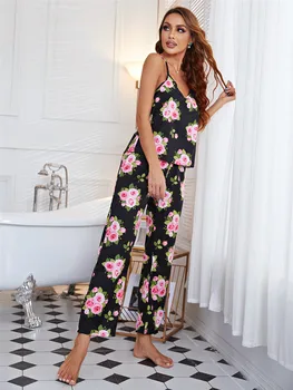 2 piezas Conjunto de Pijama de color Rosa Rosa de Impresión de ropa de dormir de la Moda 2021 Mujeres Loungewear Verano / Otoño Traje