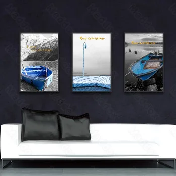 Las Imágenes de la pared para la Sala de estar de Estilo Occidental Escenario de costa Barco de Pesca Azul en la Pintura Decorativa de la Moda Nicho de Pintura Mural