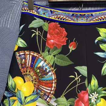 SEQINYY Sicilia Estilo de Traje de Primavera y Verano Nueva Moda de las Mujeres de la Camisa + Cintura Alta pantalones Cortos Fruto de la Flor de Impresión de Punto de Conjunto de Dos Piezas