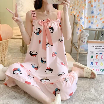 Camisones Mujeres Lindo lazo sin Mangas Sueltas de la Moda Casual de estilo coreano de Sueño-camisetas Chicas Dulces Impreso Cómodo Vestido de Niña
