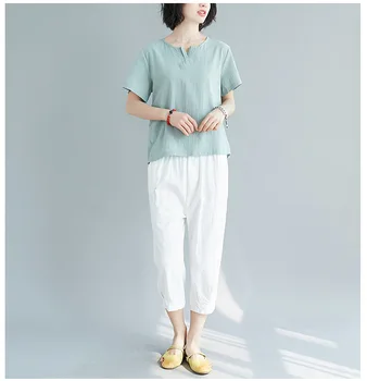 Ropa de algodón y de lino superior de las mujeres de manga corta t-shirt de verano suelto de color sólido de algodón y lino blusa de buena calidad señora tops