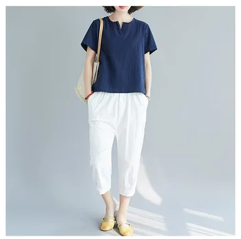 Ropa de algodón y de lino superior de las mujeres de manga corta t-shirt de verano suelto de color sólido de algodón y lino blusa de buena calidad señora tops