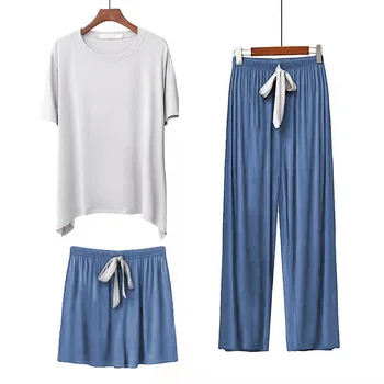 WAVMIT de las Nuevas Mujeres Pijama Conjunto de Modal ropa de dormir de la Camisa de Manga Corta Pijama de Niña de 3 Piezas de Color Sólido de ropa de hogar Ropa