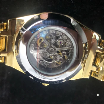 Hip Hop MISSFOX parte Superior de la Marca de Lujo de Relojes para Hombre Completamente Helado Fuera de Moda de Diamantes Baguette Mecánico Automático relojes de Pulsera de Oro