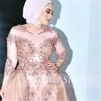 Musulmanes Vestidos de Noche 2021 Sirena O-cuello de manga Larga de Encaje de Tul Islámica Dubai, Arabia saudita Largo Prom Vestido de Noche
