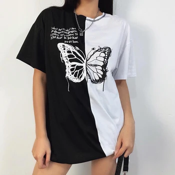 Darlingaga Harajuku Carta de Mariposa de gran tamaño Impreso T-shirt Vintage Casual Suelto Verano Tops Camisetas Negras camiseta Blanca de la Ropa