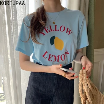 Korejpaa Las Mujeres Conjuntos De 2021 Verano Coreano Elegante Edad De Reducción De Limón Carta Impreso De Manga Corta T-Shirt De Talle Alto Recto Faldas