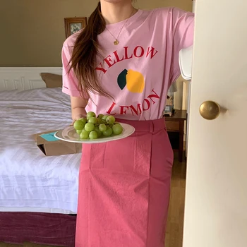 Korejpaa Las Mujeres Conjuntos De 2021 Verano Coreano Elegante Edad De Reducción De Limón Carta Impreso De Manga Corta T-Shirt De Talle Alto Recto Faldas