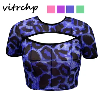 VITRCHP 2021 Camiseta Nueva de Cuello Redondo de las Mujeres de Moda Casual Sexy de Leopardo de Impresión Multicolor Discoteca muy Corto Superior
