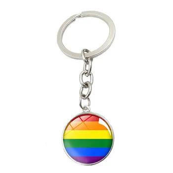 Orgullo Gay Llavero de la Joyería de Plata con Cabujón de Cristal de Colores del arco iris Patrón de Doble cara de Cristal de la Bola del Coche Llavero Anillo