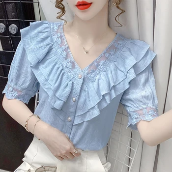COIGARSAM Moda Volantes blusa de la mujer Nueva de Verano Lindo de Encaje V-Cuello de blusas de mujer tops y blusas Blanco Azul 1699