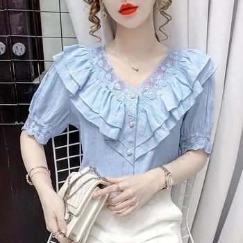 COIGARSAM Moda Volantes blusa de la mujer Nueva de Verano Lindo de Encaje V-Cuello de blusas de mujer tops y blusas Blanco Azul 1699