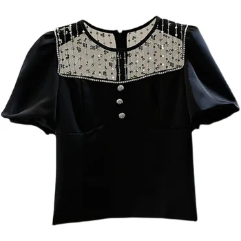 2021 Verano Mujer Tops de Lentejuelas Diamantes Dulces Camisetas de Malla Empalmados Corta Blusa de Satén para Mujer Camisa Blusas Mujer Blusas