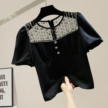 2021 Verano Mujer Tops de Lentejuelas Diamantes Dulces Camisetas de Malla Empalmados Corta Blusa de Satén para Mujer Camisa Blusas Mujer Blusas