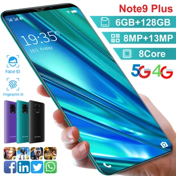 Versión Global Note9 Más de 5.8 Pulgadas 6 gb de RAM, 128 GB de ROM 8+13MP 4800mAh Andriod10 Smartphones de 8 núcleos MT6763 Dual SIM 4G LTE 5G