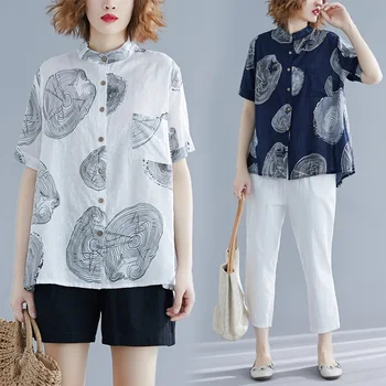 Ropa de cama de algodón de verano vintage floral de estilo coreano de tamaño más Casual camisa suelta de las mujeres blusa de 2021 ropa de las señoras tops streetwear