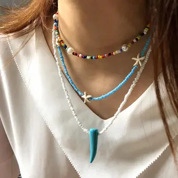 Boho arco iris Pequeñas Perlas de Gargantilla Collar de la Estrella de la Moda de Perlas Turquesas de la Cadena Collar Colgante de Mujer de DIY de la Joyería hecha a Mano