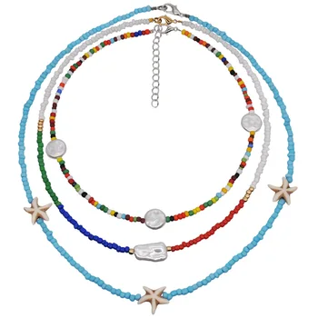 Boho arco iris Pequeñas Perlas de Gargantilla Collar de la Estrella de la Moda de Perlas Turquesas de la Cadena Collar Colgante de Mujer de DIY de la Joyería hecha a Mano