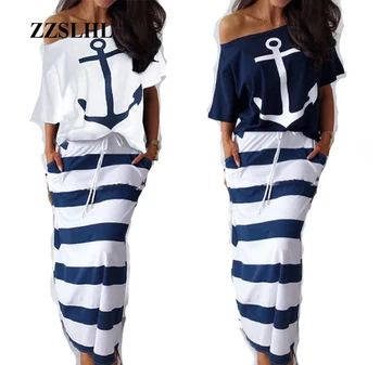 De dos piezas con un conjunto de falda de la Marina de Estilo de las mujeres del otoño de Ocio barra de cuello de Manga Corta T-shirt + Rayas Falda larga Trajes de streetwear