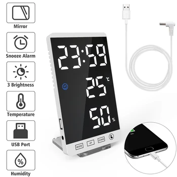 AKABELL Reloj despertador Digital Espejo Táctil Reloj de Pared LED de Tiempo con la Temperatura de la Humedad de la Pantalla Puerto USB de la Tabla de Reloj Electrónico