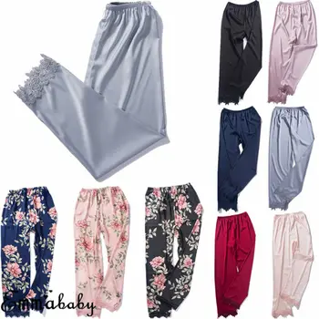 2019 Mujeres Dama De Seda De Satén Pijamas Florales Impresos De Encaje Patchwork Pantalones De Pijama De Ropa De Dormir Loungewear Ropa De Hogar