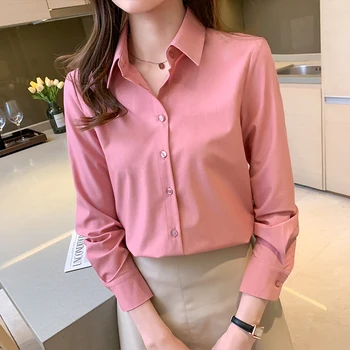 Las Mujeres De Corea Camisas De Gasa Blusas De Las Mujeres De Manga Larga De La Camisa De Mujer Elegante De Color Rosa Camisetas Tops Más El Tamaño De Señora De La Oficina Básico Blusas