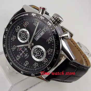 Corgeut 44mm Automático de los hombres reloj de pulsera de la semana de la fecha calendario de visualización Multifunción dial Negro correa de cuero de Hangzhou 2350 movimiento