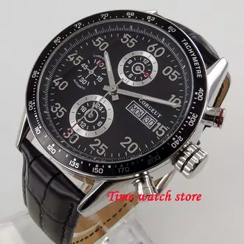 Corgeut 44mm Automático de los hombres reloj de pulsera de la semana de la fecha calendario de visualización Multifunción dial Negro correa de cuero de Hangzhou 2350 movimiento