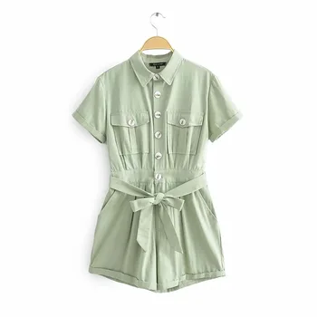 Glamaker Verde de dos piezas traje de camisa de manga corta y pantalones cortos de las Mujeres suelto casual pijama de verano de las Mujeres 2021 nuevos conjuntos con cinturón