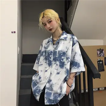 Camisa de las Mujeres Ropa de Moda Unisex de Tinte del Lazo de Media manga de gran tamaño de la Hembra Botón de Harajuku Par de Turn-down Collar Fresco Todo el partido