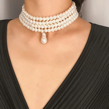La moda punk de múltiples capas de la Perla Collar Colgante de collar de las mujeres de Bohemia de imitación de la perla colgante collar de clavícula Joyería de la Boda