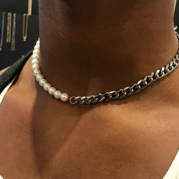 De Acero inoxidable de la Perla Collar de cadena de las Mujeres de los Hombres de la Moda de Miami a Cuba de la Cadena de Hip-hop Punk Gargantilla Collar de Cadena en el Cuello de la Joyería colar
