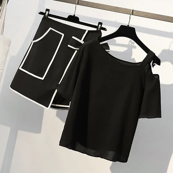 2021 Verano de las Mujeres de Manga Corta T-Shirt Negro Tops + Irregulares de Cintura Alta del Mini Vestido Elegante Señora de la Oficina 2 piezas Traje de L-4XL