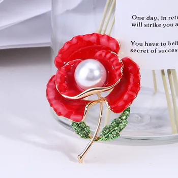 Nueva Aleación de Rojo Peonía Flor Broche Perla Broches de diamantes de imitación para las Mujeres de la Joyería Luxulry Boda Ramillete Insignia de Accesorios de Ropa