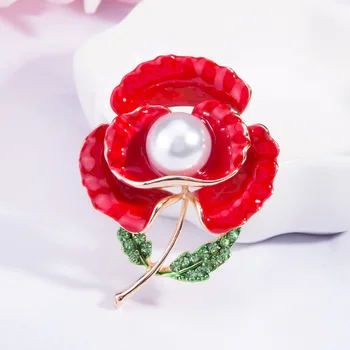 Nueva Aleación de Rojo Peonía Flor Broche Perla Broches de diamantes de imitación para las Mujeres de la Joyería Luxulry Boda Ramillete Insignia de Accesorios de Ropa