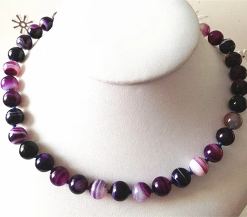 La moda natural de 10mm de color púrpura raya cornalina onyx agat ronda perlas de collar semi-preciosas mujeres regalos de parte joyas de 18 pulgadas MY3363