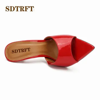 SDTFET moman Zapatilla Sexy zapatos Slip-En los zapatos mujer 13cm Finos Tacones Sandalias de Cuero de Patente Dedo del pie Abierto de la boda Bombas Plus:38-48