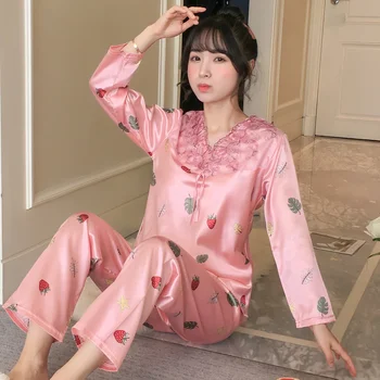 La seda Pjs Nuevos Damas de manga Larga de Satén ropa de dormir de la Mujer a la Casa de la Ropa del Traje de Dulce Pijamas Elegante para Mujer Conjuntos de Pijamas