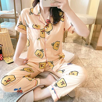 Pijamas para Mujer Dulce Pijama de dibujos animados Lindo Pato de Manga Corta Amarillo ropa de hogar de las Señoras de la ropa de dormir de los Conjuntos de Verano de la Primavera