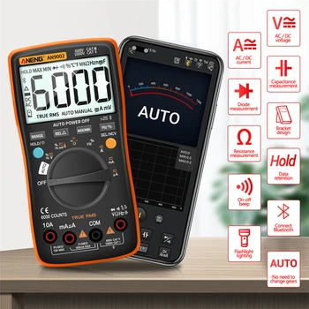 MultimetroTrue RMS de Corriente CA/CC Probador de Voltaje Rango Automático Bluetooth Multímetro Digital 6000 Cuenta con Profesionales ANENG AN9002