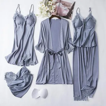 5PCS PJS Conjunto de Encaje Patchwork Mujeres Pijamas Camisones de Raso de la Sala de Desgaste Casual ropa de Dormir Albornoz Kimono Vestido de 2021 Nueva ropa de hogar