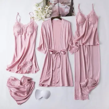 5PCS PJS Conjunto de Encaje Patchwork Mujeres Pijamas Camisones de Raso de la Sala de Desgaste Casual ropa de Dormir Albornoz Kimono Vestido de 2021 Nueva ropa de hogar