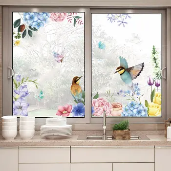 Multicolor aves pegatinas para la ventana del dormitorio de fondo decoración de vinilo de flores etiqueta engomada de la pared extraíble papel pintado del pvc de la decoración casera