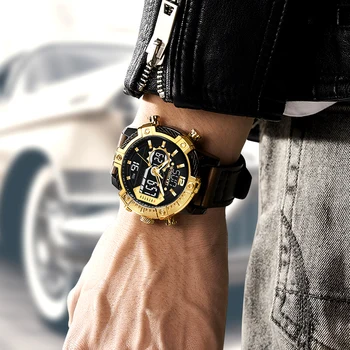 2021 Reloj de los Hombres Superiores de la Marca de Lujo de Cuero de Deportes WISHDOIT Reloj de Oro Negro de los Hombres de Cuarzo Digital LED Reloj Impermeable Militar