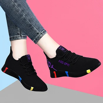 Comemore 2021 Zapatillas de Malla de Aire Respirable al aire libre con cordones de Zapatillas de deporte de la Plataforma de Caminar Trotar Entrenadores de Gimnasio Mujer Zapatillas de Deporte