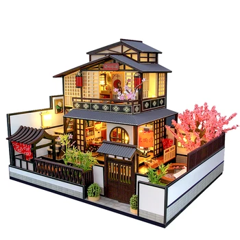 Nueva Arquitectura Japonesa de BRICOLAJE de Madera, casas de muñecas con Sakura Montado en Miniatura, con Muebles de Casa de Muñecas, Juguetes para Adultos de Regalo
