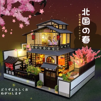 Nueva Arquitectura Japonesa de BRICOLAJE de Madera, casas de muñecas con Sakura Montado en Miniatura, con Muebles de Casa de Muñecas, Juguetes para Adultos de Regalo