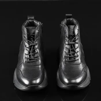 La Marca Coreana De La Moda De Cuero Genuino Botas De Los Zapatos De Los Hombres De Cuero Genuino Blanco Negro Casual Zapatillas De Cordones Con Cremallera Botas De Tobillo