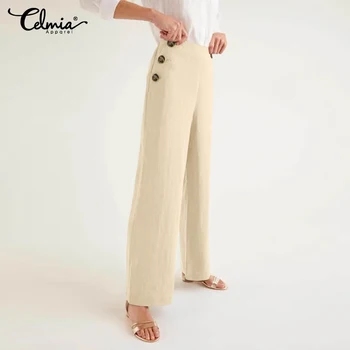 Celmia Las Mujeres De Cintura Alta Moda Pantalones 2021 Verano Botones De La Oficina De Pantalones Casual Sólido Femenino Amplia Pierna Pantalon Pantalones De Algodón